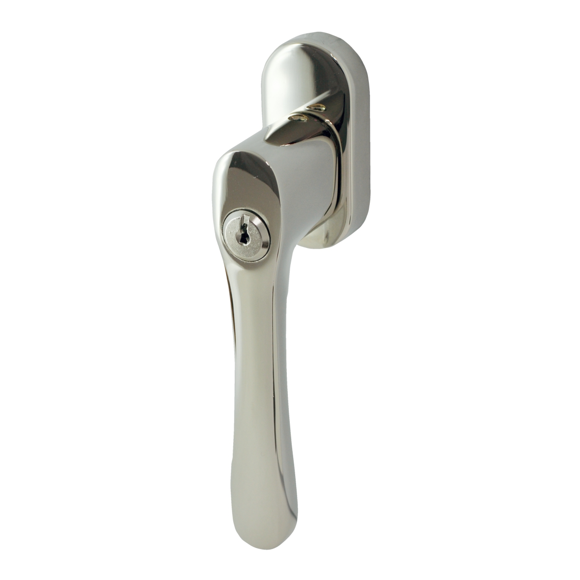 Abschließbare Fenstergriff auf Rosette in Messing vernicklt mit Schutzlack Modell Elegant Bild1 Abschließbarer Fenstergriff in Nickel 128 mm Bild1