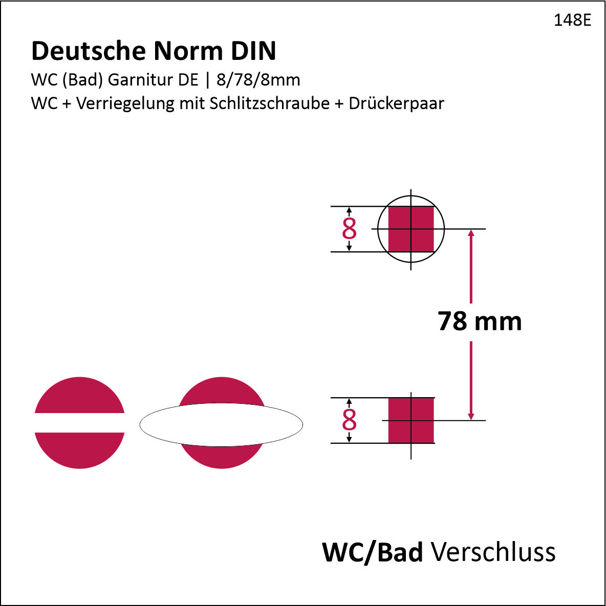 Badezimmertürgarnitur WC. Dist. 78 in Messing. LxB Badezimmertürgarnitur in Messing glänzend WC 78 mit TD113 Serie TG113 Bild2