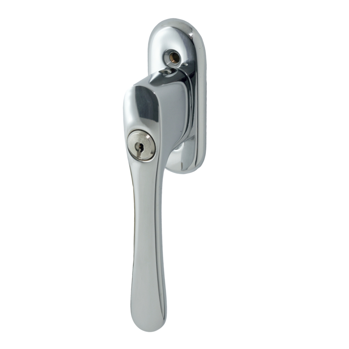 Abschließbare Fenstergriff auf Rosette mit Rasterung in Messing verchromt mit Schutzlack Modell Elegant Bild1 Abschließbarer Fenstergriff in Chrom 135 mm Bild1