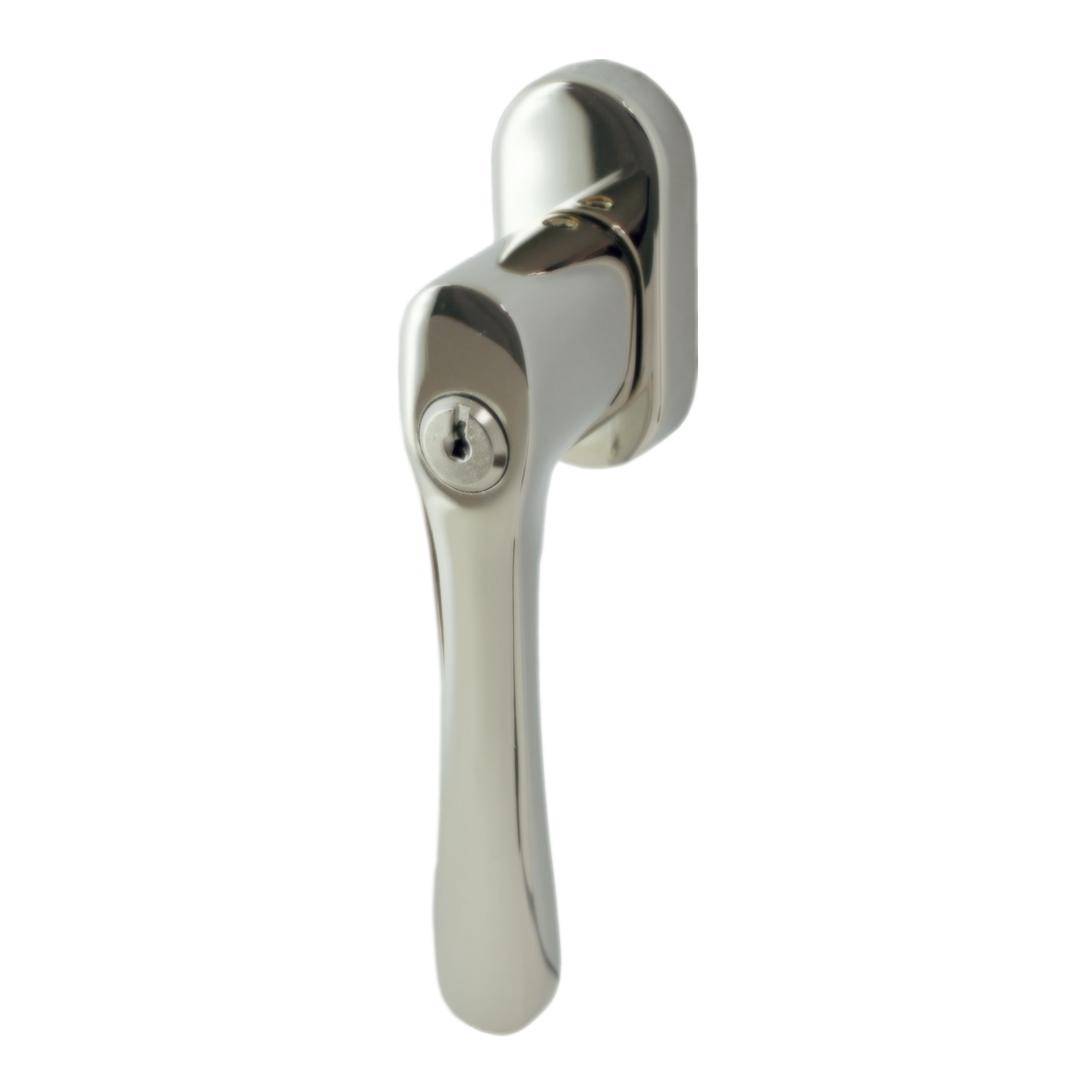 Abschließbare Fenstergriff auf Rosette mit Rasterung in Messing Vernickelt matt mit Schutzlack Modell Elegant Bild1 Abschließbarer Fenstergriff in Nickel matt 135 mm Bild1