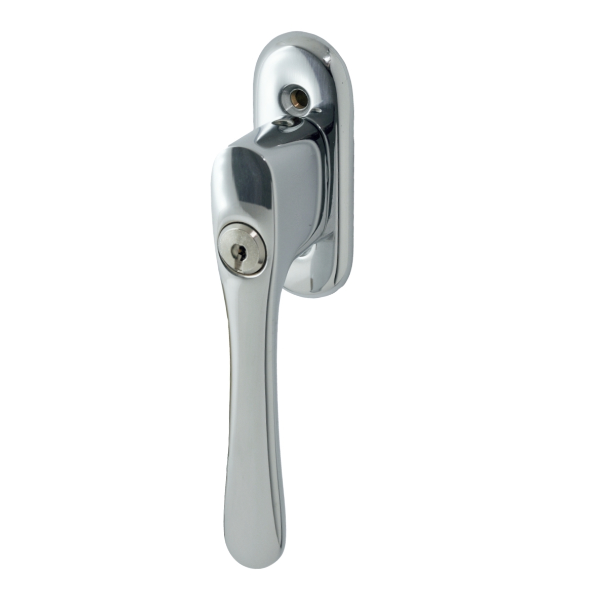 Abschließbare Fenstergriff auf Rosette mit Rasterung in Messing verchromt mit Schutzlack Modell Elegant Bild1 Abschließbarer Fenstergriff in Chrom 128 mm Bild1